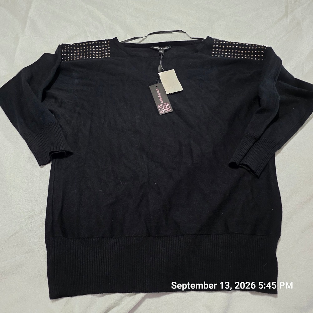 Cable & Gauge Black Studded Shoulder Knit Sweater Crew Neck 3/4 Sleeve NWT M